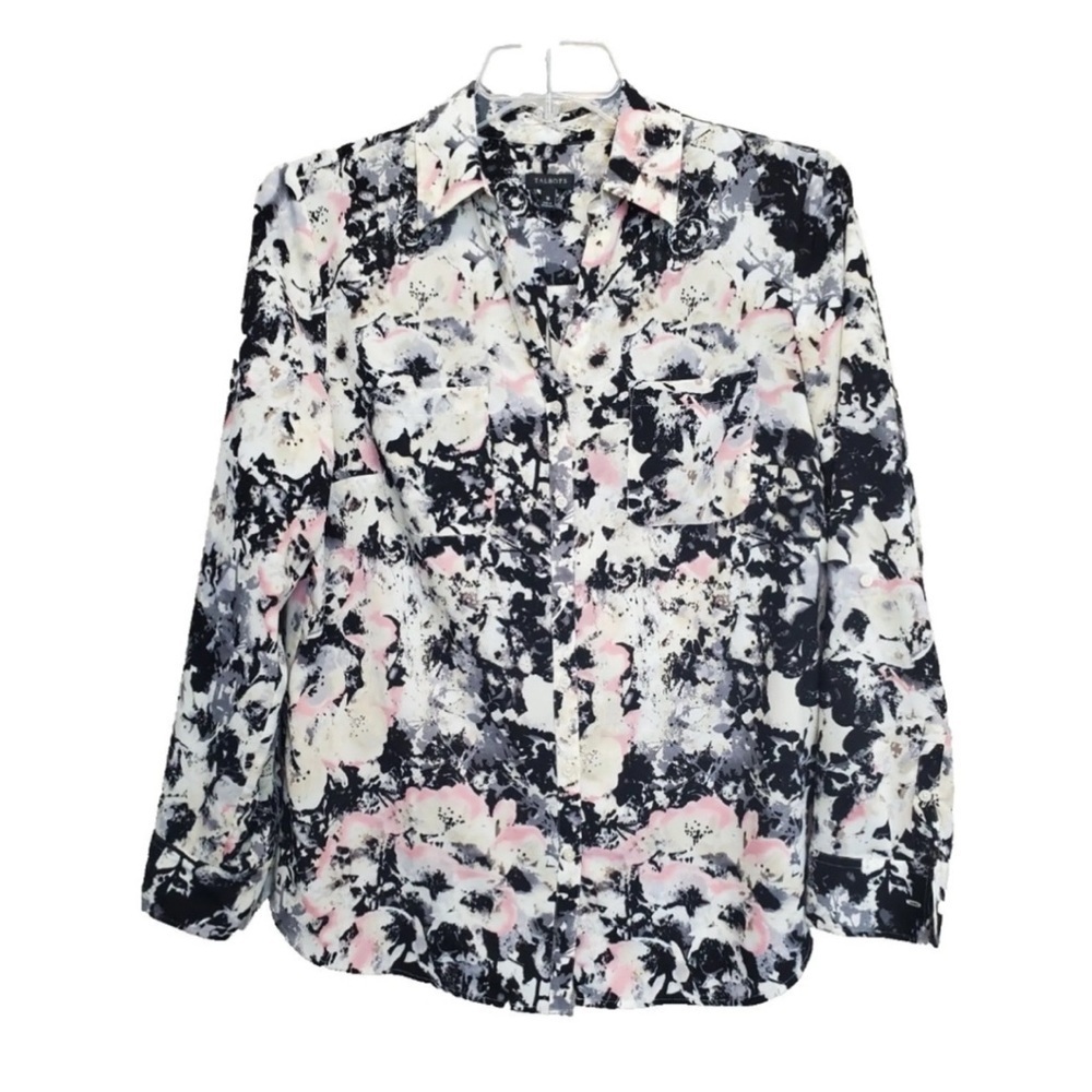 Talbots Women's Abstract Floral Button-Down Shirt - Black, Pink, White Sz 10 - Picture 1 of 9